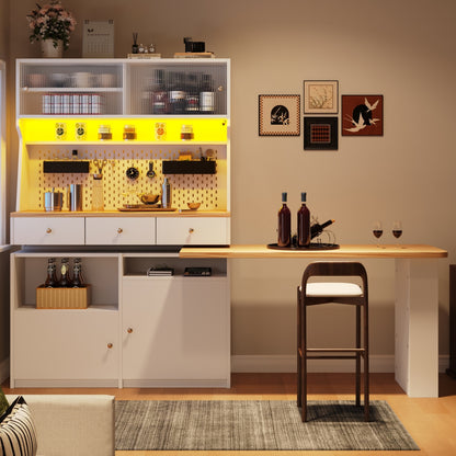 Küchenschrank 137x45x178cm hohes Küchenbuffet mit LED-App-Steuerung, Ausziehbarer Tischplatte & Stecktafel, Mehrzweckschrank MDF Weiß/Holz