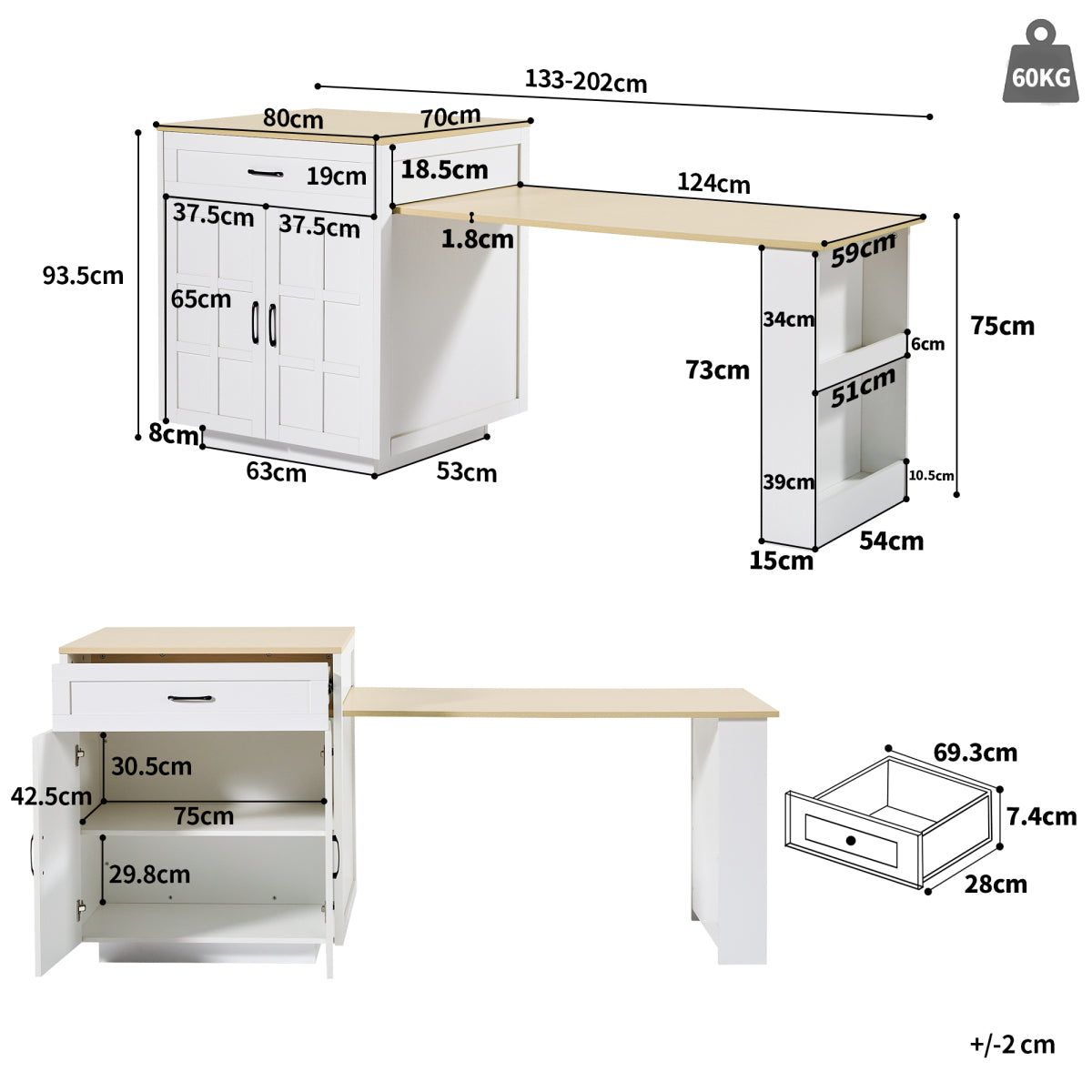 Bartisch ausziehbar 133-202cm, Kücheninsel mit Marmor-Optik & Stauraum, Esstisch für 2-6 Personen, Küchenwagen mit Schubladen & Regalen, Weiß