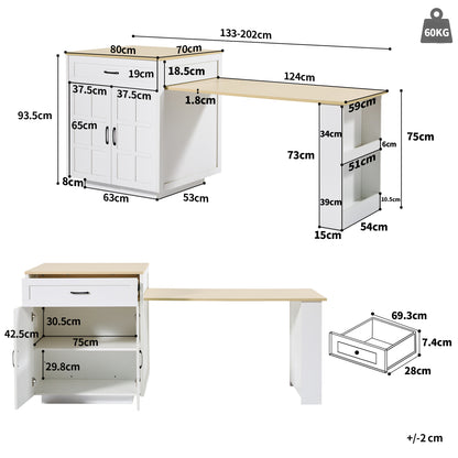 Bartisch ausziehbar 133-202cm, Kücheninsel mit Marmor-Optik & Stauraum, Esstisch für 2-6 Personen, Küchenwagen mit Schubladen & Regalen, Weiß