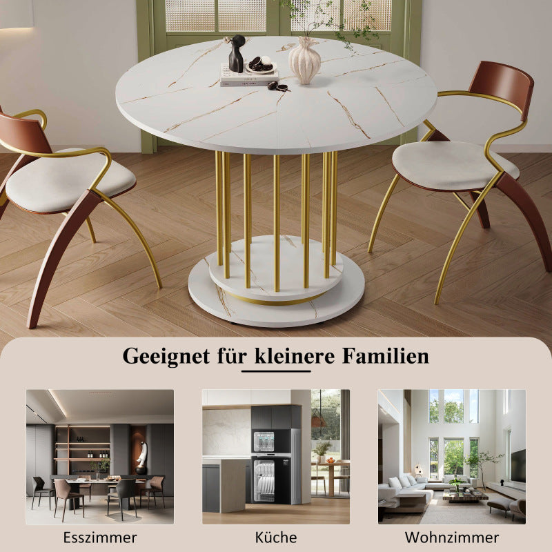 Runder Esstisch mit Marmoroptik Modernes Design mit Metallgestell, Weiß+Gold