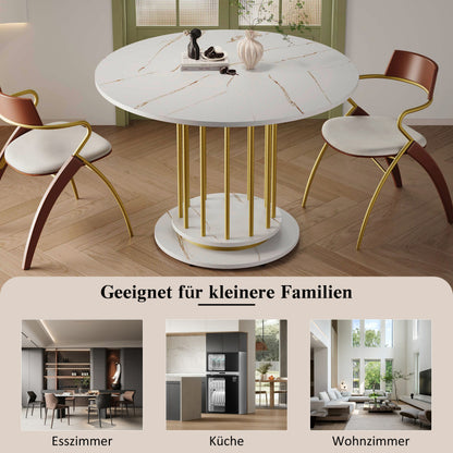 Runder Esstisch mit Marmoroptik Modernes Design mit Metallgestell, Weiß+Gold