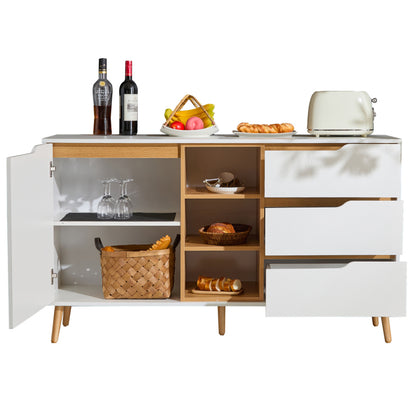 Modernes weißes Sideboard mit Einlegeböden, 3 Schubladen und offenem Stauraum, mit Kippschutz-Design – geeignet für Küche, Esszimmer und Wohnzimmer