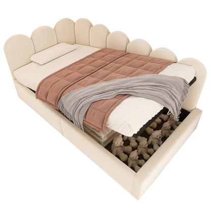 Polsterbett Daybett 90x200 cm,Tagesbett Schlafsofa mit hydraulischem Stauraum, Kinderbett mit Metall-Lattenrost, Samt, Beige, ohne Matratze