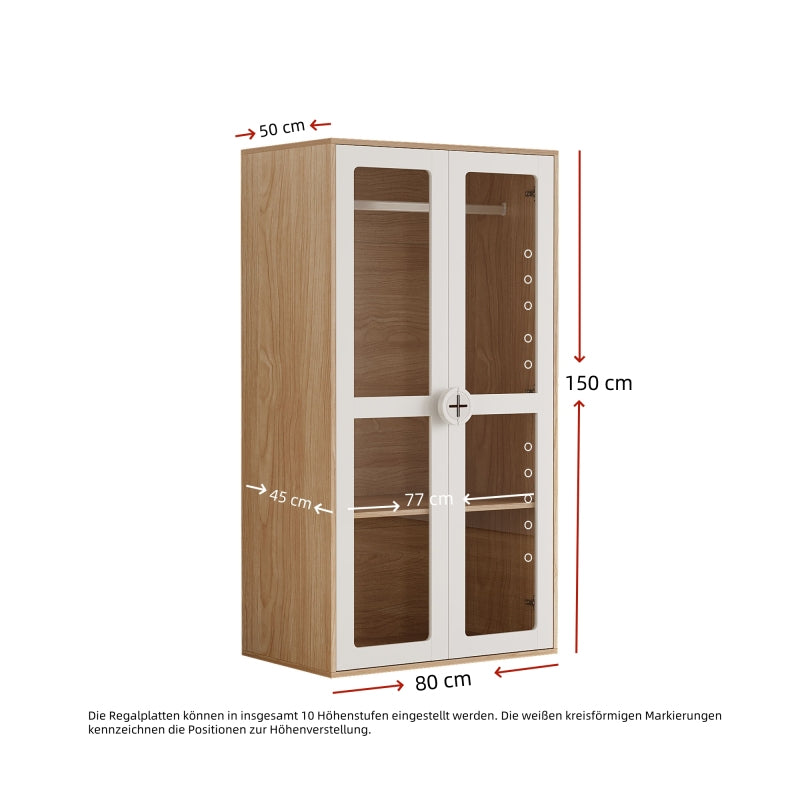 Kinder Kleiderschrank, zweitüriger Glastür-Schrank mit Kleiderstange und verschiebbaren Regalen, Keks-Form-Holzgriffen, weiß+natürliches Holz