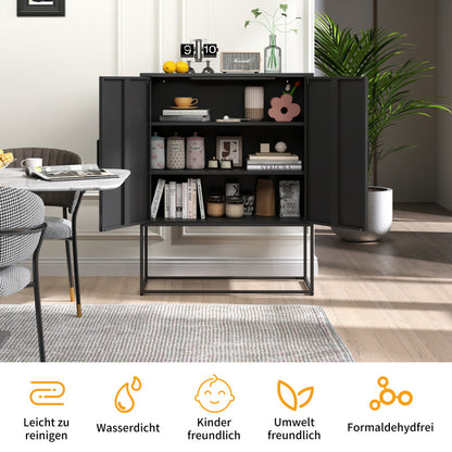 Metall-Sideboard,Lagerschrank– 2 Regale, freistehender Stahlschrank, Magnettüren, Anti-Kipp-Sicherung, Wohnzimmer, Küche, Büro, Schwarz, H 109 cm × B 85 cm × T 40 cm