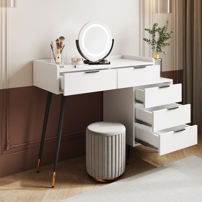 Weißer Schminktisch(Ohne Stühle), Enthält ausziehbare Seitenschränke, mit Spiegel einstellbare Helligkeit, mit 5 Schubladen, Großer Frisierkommode Schlafzimmermöbel Vanity, Weiß