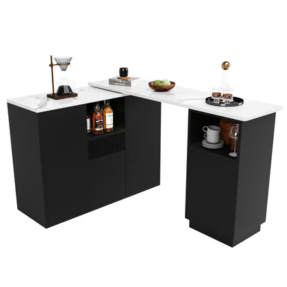 Um 360° drehbarer Bartisch (Hauptkörper 198,5 x 30 x 75 cm), modernes und schlichtes schwarzes Design, mit offenem Stauraum und Marmor-Arbeitsplatte, multifunktionale Aufbewahrungsinsel, geeignet für