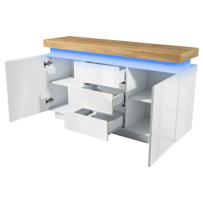 Kommode, Hochglanz Sideboard mit 2 Türen und 3 Schubladen, LED Beleuchtung (App Control), Mehrzweckschrank für Wohnzimmer und Schlafzimmer, 81 x 140 x 39 cm, Weiß