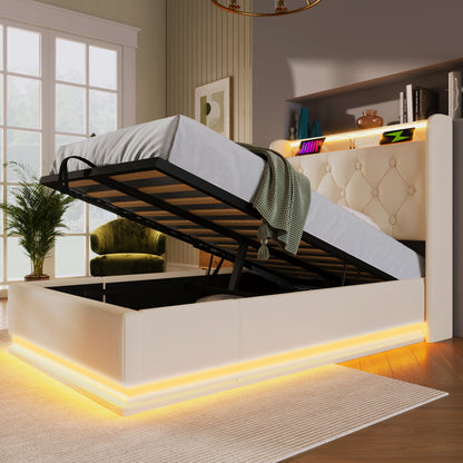 Polsterbett einzelbett, 360-Surround-LED-Funktion, Drucktaste/App/Fernbedienung, 90*200 cm, weiß PU-Material Hydraulisches Lagerbett, gepolstertes Kopfteil mit USB Typ-C Ladefunktion (Mit Matratze)