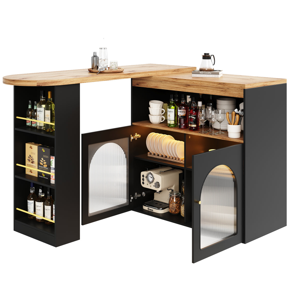 Bartisch ausziehbar 138-193cm, 360° drehbarer Stehtisch mit LED-Beleuchtung & Glasfront, Bistrotisch mit 3 Ablagen, Küchentisch, Schwarz
