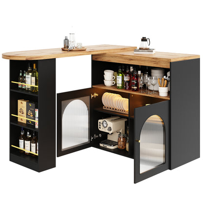 Bartisch ausziehbar 138-193cm, 360° drehbarer Stehtisch mit LED-Beleuchtung & Glasfront, Bistrotisch mit 3 Ablagen, Küchentisch, Schwarz