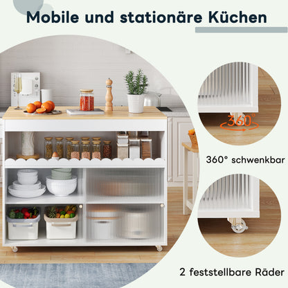 klappbarer Kücheninselwagen, Arbeitsplatte aus Eichenholzfurnier, Schiebetüren aus gehärtetem Glas, verstellbare Einlegeböden, Handtuchhalter, Weiße