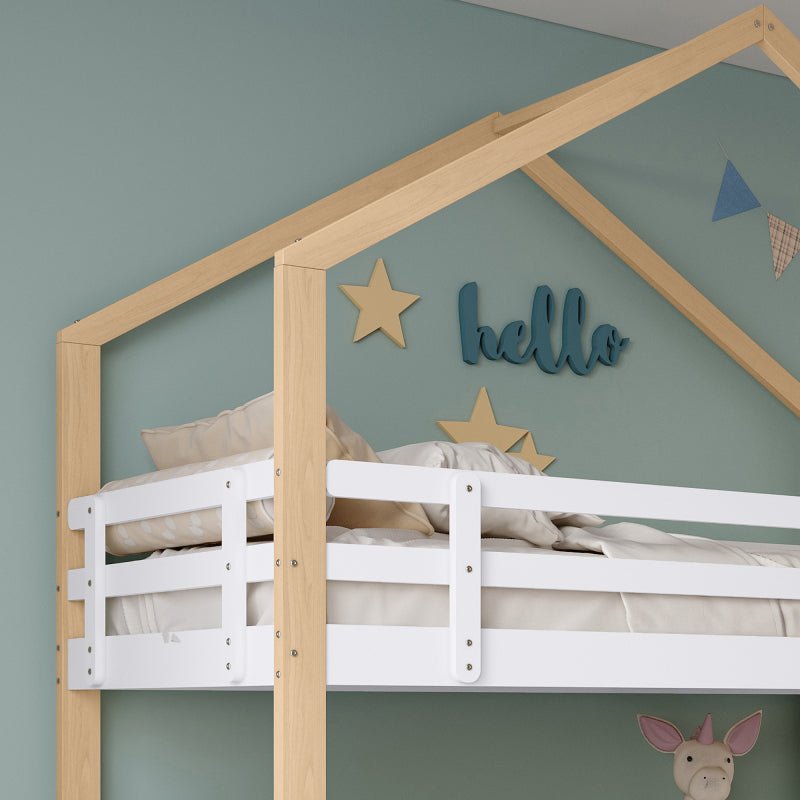 Etagenbett, Ausziehbares Baumhausbett, Schiebebett, Treppe mit 3 Schubladen, Kinderbett mit Absturzsicherung und Kinderbettgitter, mit Lattenroste, Natur+Weiß (90x200cm&90x190cm) [30813567NAA]