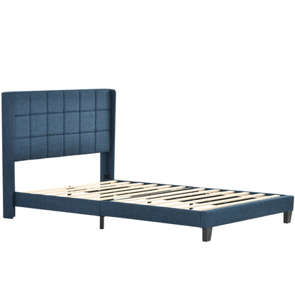 Polsterbett Mit seinem gepolstertes Kopfteil Doppelbett mit Lattenrost, 140x200cm ,in Blau Leinen,  mittelfest (Mit Federkernmatratze)