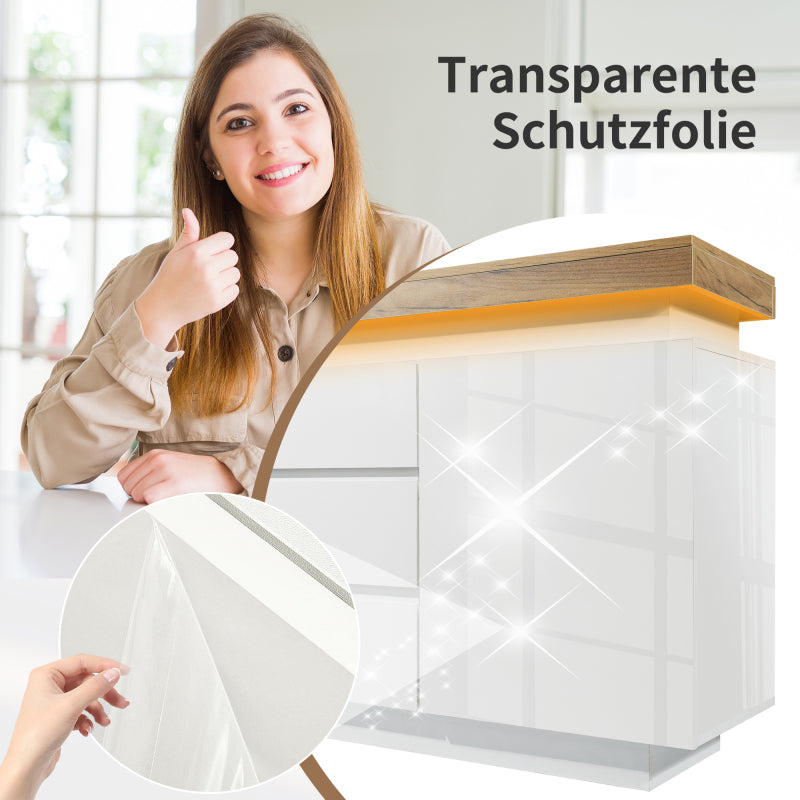 Kommode, Hochglanz Sideboard mit 2 Türen und 3 Schubladen, LED Beleuchtung (App Control), Mehrzweckschrank für Wohnzimmer und Schlafzimmer, 81 x 140 x 39 cm, Weiß
