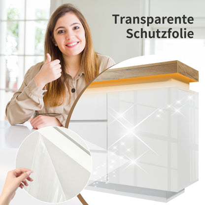 Kommode, Hochglanz Sideboard mit 2 Türen und 3 Schubladen, LED Beleuchtung (App Control), Mehrzweckschrank für Wohnzimmer und Schlafzimmer, 81 x 140 x 39 cm, Weiß
