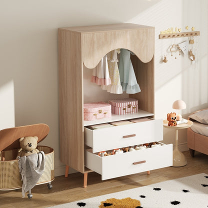 Kinderkleiderschrank, Kleiderschrank mit Kleiderstange, mit Schubladen, Vollholz Griffen, aus Spanplatte, weiß+natürliches Holz