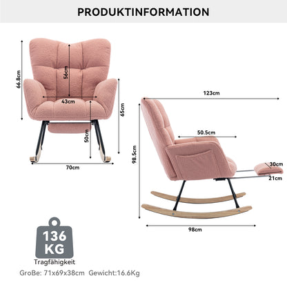 Neuer moderner Schaukelstuhl mit Polsterung und Teddystoff, mit ausziehbarer Fußstütze, Rosa