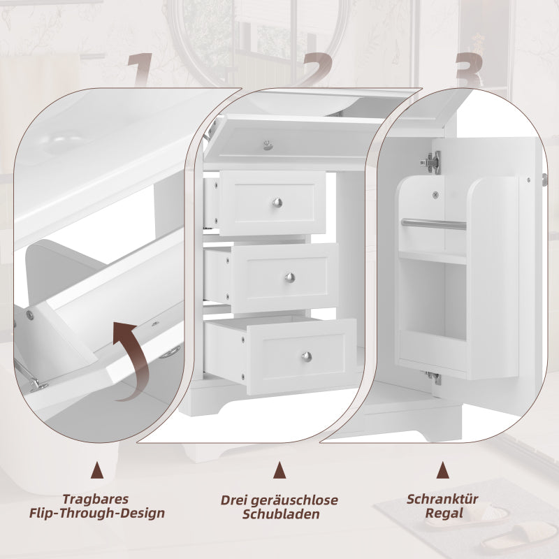 76x46x87cm Bodenstehender Badezimmerschrank mit Waschbeck, Waschtisch,Sprühlackierverfahren,Drei Soft-Close-Schubladen,Türregale,ausklappbare Schublade,integriertes Keramikwaschbecken,Weiß
