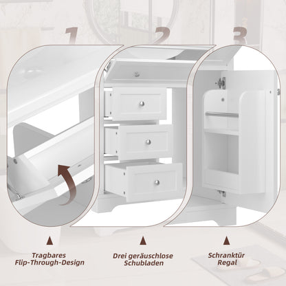 76x46x87cm Bodenstehender Badezimmerschrank mit Waschbeck, Waschtisch,Sprühlackierverfahren,Drei Soft-Close-Schubladen,Türregale,ausklappbare Schublade,integriertes Keramikwaschbecken,Weiß