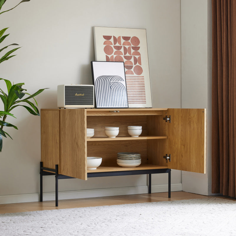Sideboard mit 2 Türen und Metallbeinen, Buffet, Kommode mit Linien-Design, Maße: H 75 cm / B 100 cm / T 40 cm
