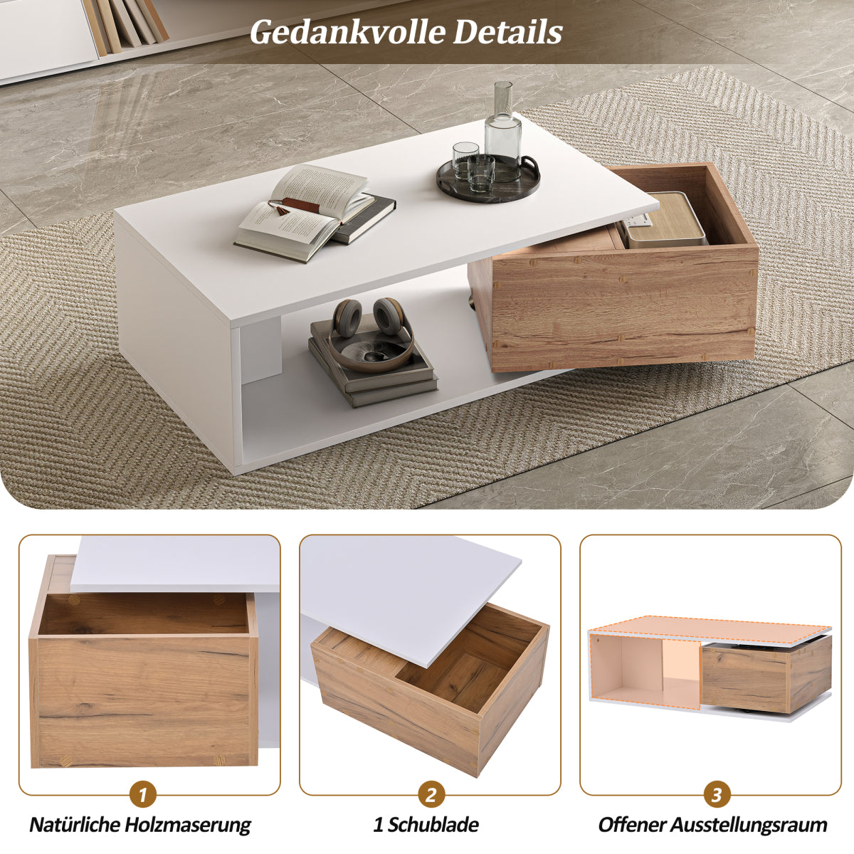 Design Couchtisch 90x50x30cm Weiß & Holz - Hochglanz Kaffeetisch mit 360° drehbarer Schublade & offenem Stauraum - Moderner Beistelltisch