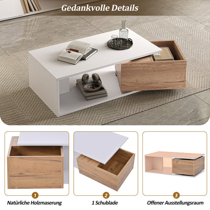 Design Couchtisch 90x50x30cm Weiß & Holz - Hochglanz Kaffeetisch mit 360° drehbarer Schublade & offenem Stauraum - Moderner Beistelltisch