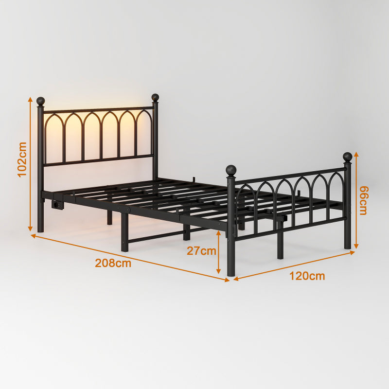 120x200cm Metall Bettrahmen mit Vintage Kopf und Fußplatte, USB-Ladestation, LED-Bettrahmen, Heavy Duty Stahl Slat Unterstützung, Reichweite Unterbett-Speicher, Keine Box-Feder erforderlich, Schwarz