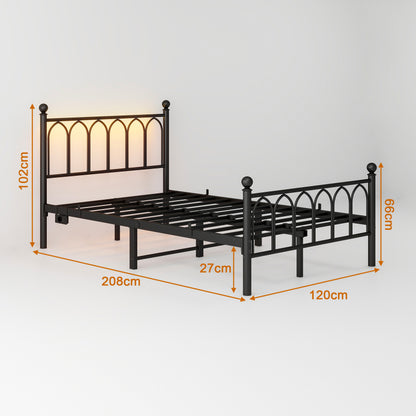 120x200cm Metall Bettrahmen mit Vintage Kopf und Fußplatte, USB-Ladestation, LED-Bettrahmen, Heavy Duty Stahl Slat Unterstützung, Reichweite Unterbett-Speicher, Keine Box-Feder erforderlich, Schwarz