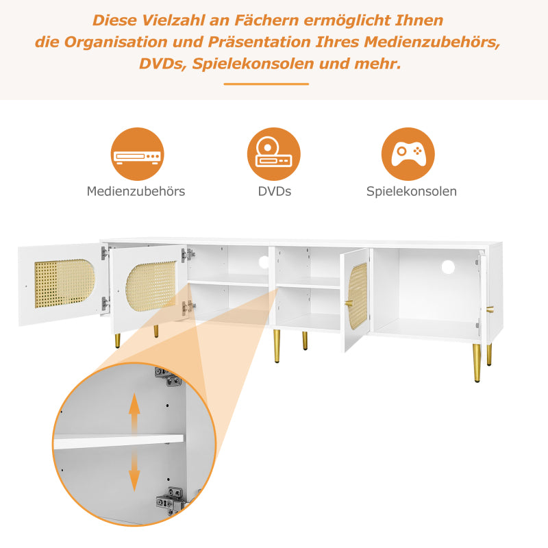 Weißer Rattan-TV-Schrank 180x40x50 cm - 4 Rattan-Türen, verstellbare Einlegeböden und Kabelmanagement für Fernseher bis 80 Zoll, TV-Schrank,Lowboards