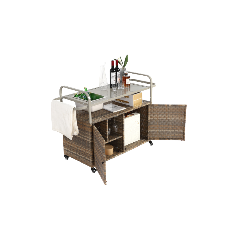Outdoor Bar Table, Wicker Bar Cart with Cabinet, Patio Serving Cart with steel Top, with one ice bucket,Lockable Wheels, Side Basket for Garden, Poolside & Backyard, Beige