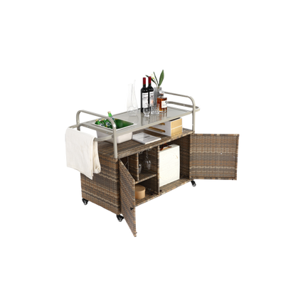 Outdoor Bar Table, Wicker Bar Cart with Cabinet, Patio Serving Cart with steel Top, with one ice bucket,Lockable Wheels, Side Basket for Garden, Poolside & Backyard, Beige