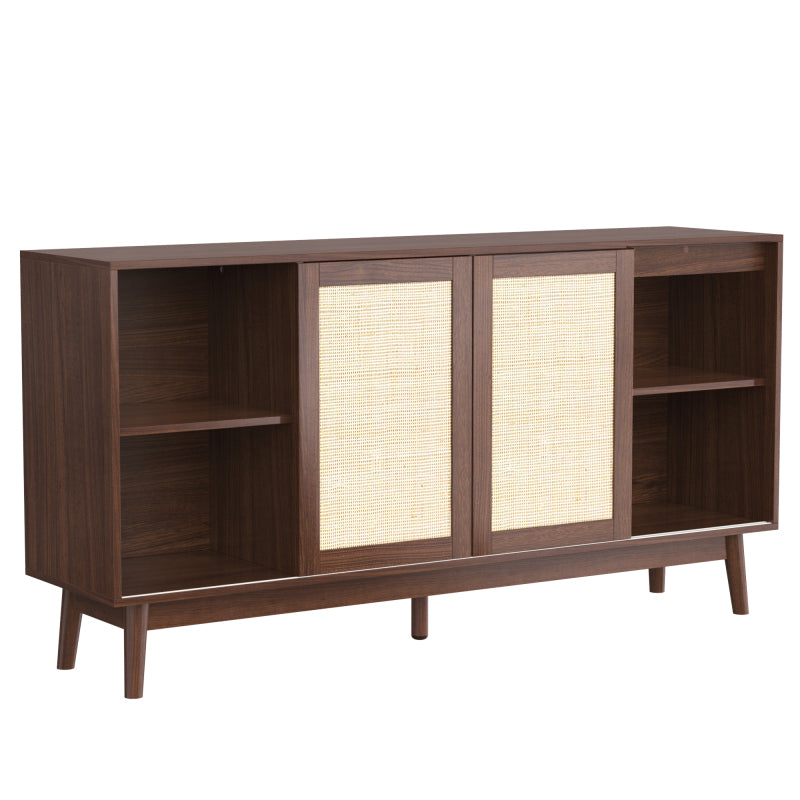 Sideboard mit 3 Schiebetüren aus echtem Rattan und 2 Schubladen, 155x38x80 cm, atmungsaktiv, stabil und vielseitig