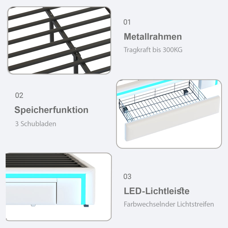Bettgestell 140X200 mit Schubladen, PU-Leder Bett ohne Kopfteil Mit LED-Lichtleiste, MetalllattenPlattformbett für moderne Schlafzimmer Beige