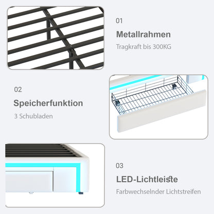 Bettgestell 140X200 mit Schubladen, PU-Leder Bett ohne Kopfteil Mit LED-Lichtleiste, MetalllattenPlattformbett für moderne Schlafzimmer Beige