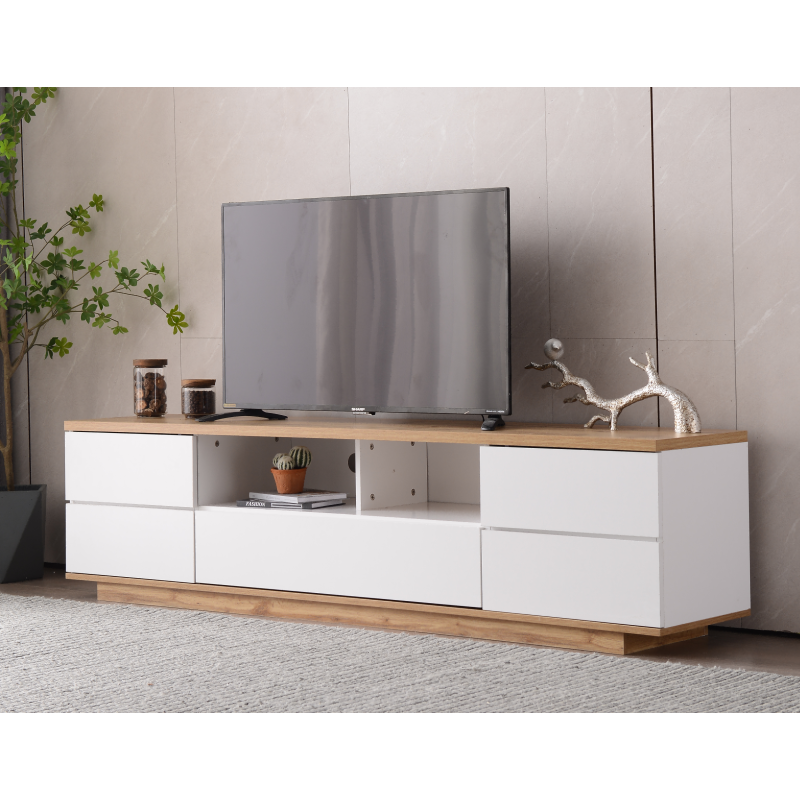 Moderner Farbblock-TV-Schrank in weißer Ausführung, TV-Schrank mit Holzmaserung, 180 cm