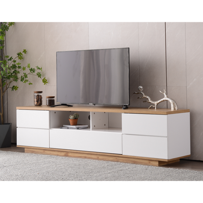 Moderner Farbblock-TV-Schrank in weißer Ausführung, TV-Schrank mit Holzmaserung, 180 cm