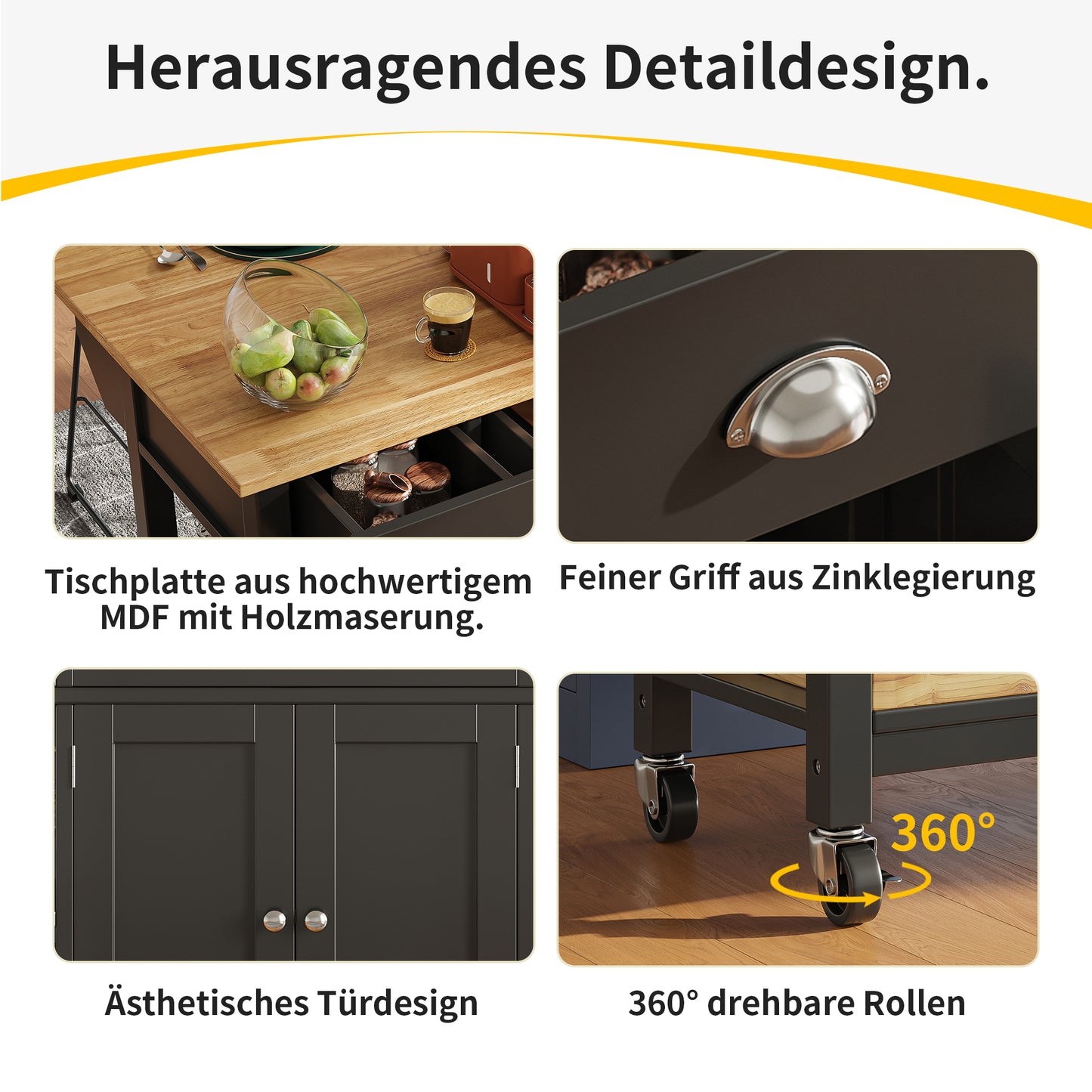 Moderne Kücheninsel Küchenschrank mit Kiefernkorb 120x45x90cm Multifunktions Esstisch Servierwagen Holzmaserung Aufbewahrungskorb Schwarz