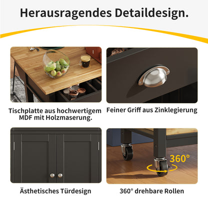 Moderne Kücheninsel Küchenschrank mit Kiefernkorb 120x45x90cm Multifunktions Esstisch Servierwagen Holzmaserung Aufbewahrungskorb Schwarz