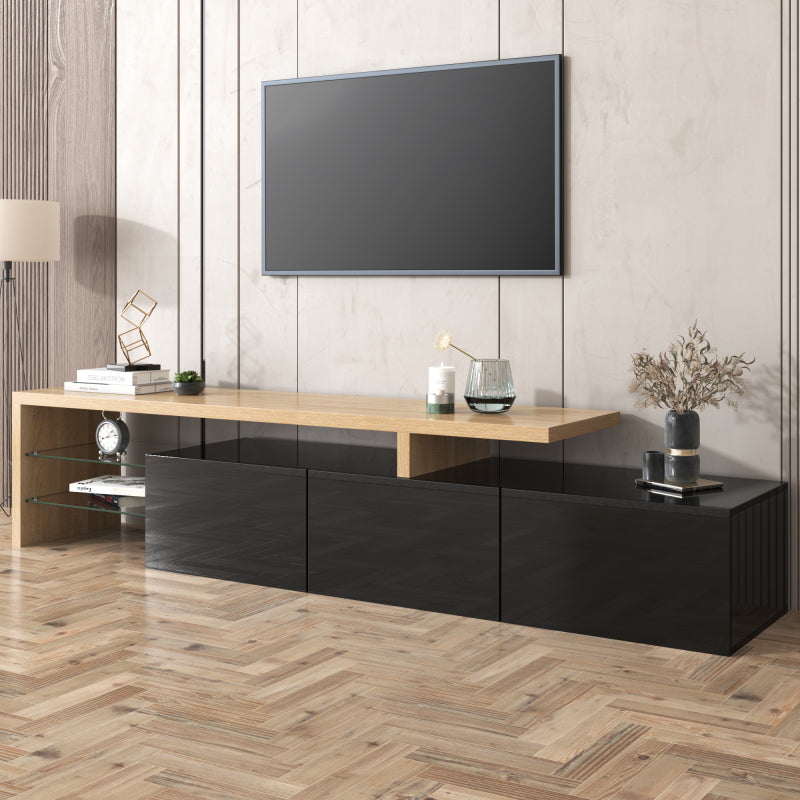 Modernes TV-Schrank-Design: Stilvolle Eleganz, praktischer Stauraum, Hochglänzendes Schwarz, Holzoptik, Glasböden, LED-Beleuchtung