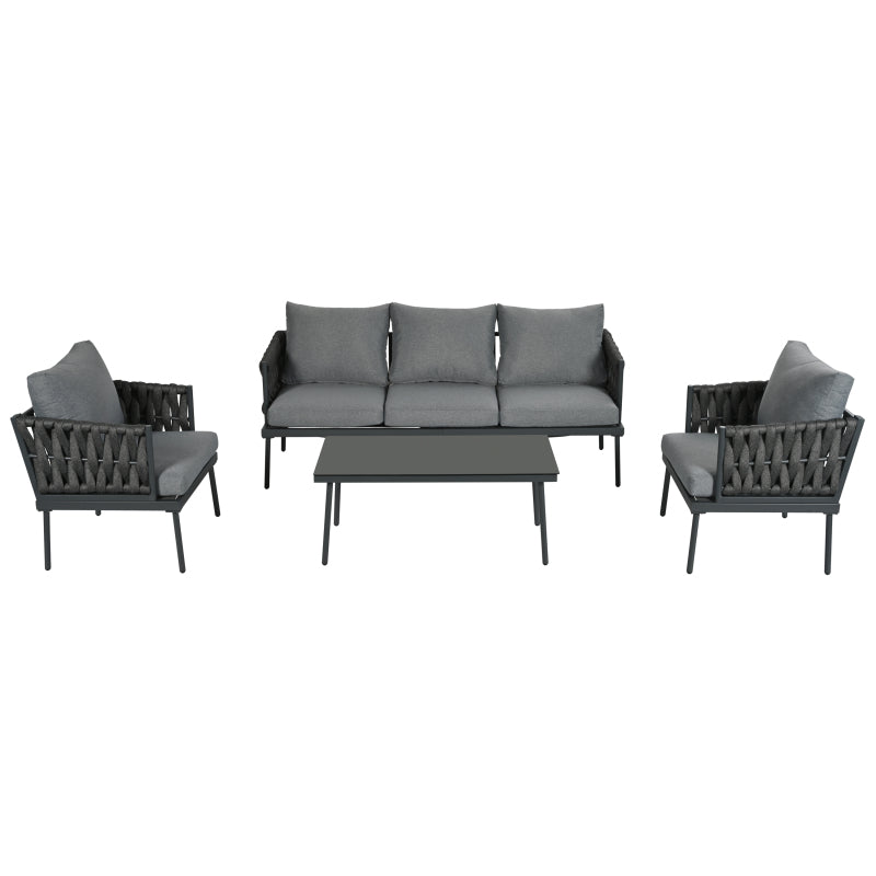 Garten Loungesessel Set, Gartenmöbel Set mit bequemen Kissen, 3er Sofa, 2 Sessel und Couchtisch, Outdoor, Glastischplatte, geflochtene Seilarmlehnen, verzinkter Stahl, grau