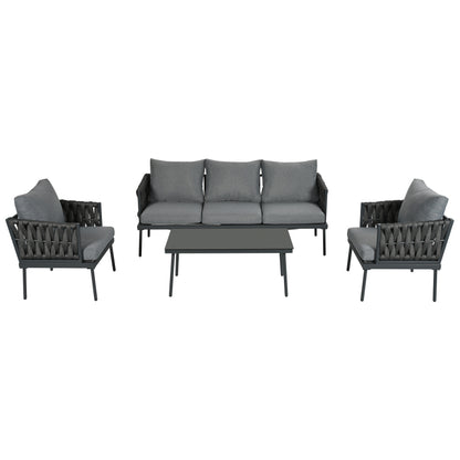 Garten Loungesessel Set, Gartenmöbel Set mit bequemen Kissen, 3er Sofa, 2 Sessel und Couchtisch, Outdoor, Glastischplatte, geflochtene Seilarmlehnen, verzinkter Stahl, grau