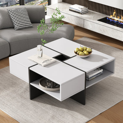 Moderner quadratischer Couchtisch 70x70x35cm – Schwarz-Weiß Design, 5 offene Fächer, mittleres Staufach 10x10cm, stabiler 30KG Tragkraft,Weißer quadratischer Couchtisch