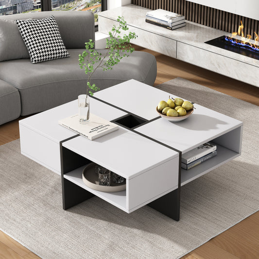 Moderner quadratischer Couchtisch 70x70x35cm – Schwarz-Weiß Design, 5 offene Fächer, mittleres Staufach 10x10cm, stabiler 30KG Tragkraft,Weißer quadratischer Couchtisch