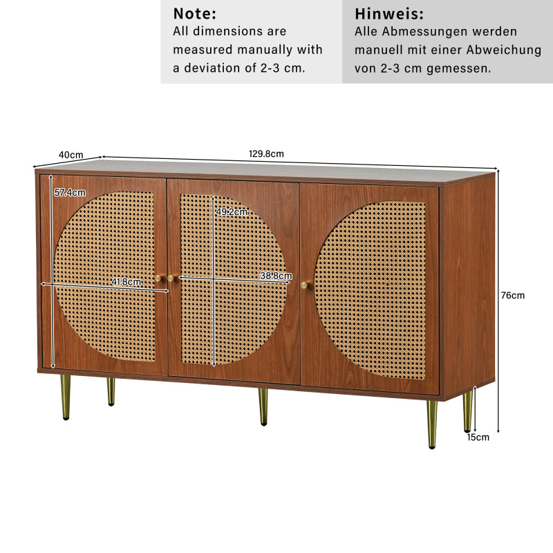 Sideboard mit 3 Rattan verzierten Türen Kommode Highboard mit Metallgriffe, für Schlafzimmer & Wohnräume & Büro, Nussbaum 129.8x 40x 76cm
