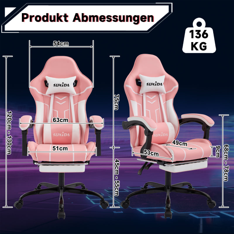 Gaming Stuhl Computerstuhl Ergonomischer Gaming Chair mit Fußstütze Bürostuhl Ergonomischer Computerstuhl mit Lendenwirbelstütze Pinkwhite