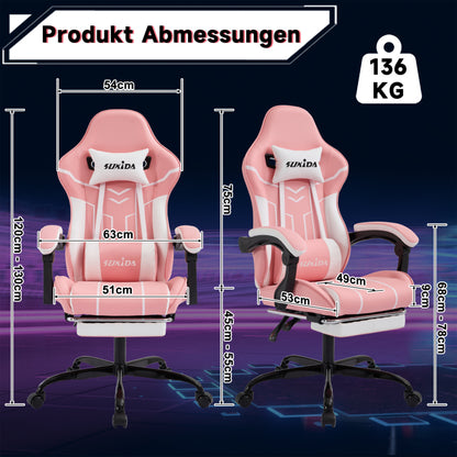 Gaming Stuhl Computerstuhl Ergonomischer Gaming Chair mit Fußstütze Bürostuhl Ergonomischer Computerstuhl mit Lendenwirbelstütze Pinkwhite