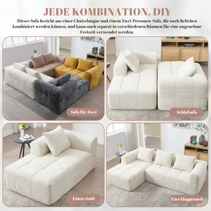 Modernes Sektionssofa, L-Sofa, 3-Sitzer-Sofa, keine Installation erforderlich, Chenille-Sofa mit Chaiselongue und Armlehnen, 3 Kissen, Seitentasche für Fernbedienung, Beige