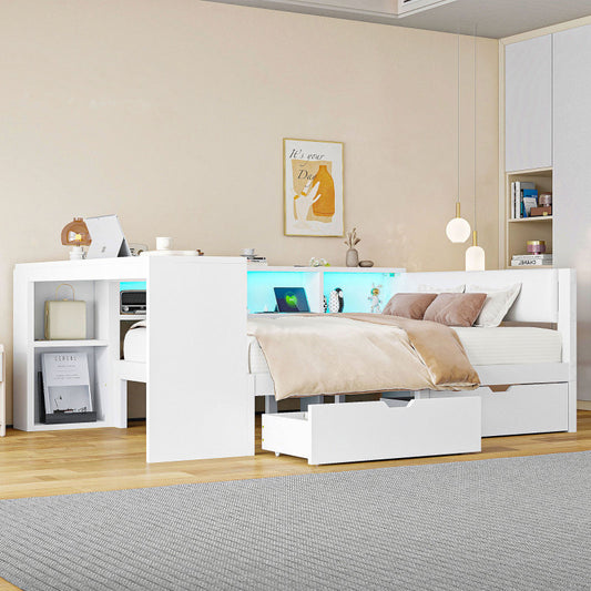 140x200 Holz-Plattformbett mit Ablageflächen, Schubladen, Ladestation und gepolstertem Kopfteil, Mit bunten LED-Leuchten, Weiß
