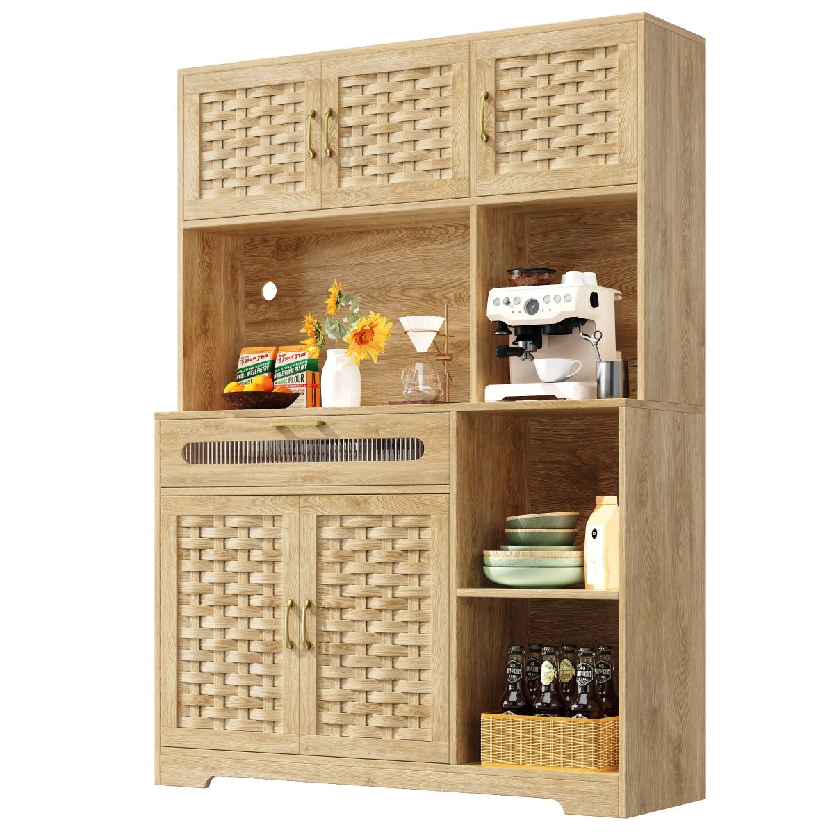 Hochschrank 120x40x180cm Vitrine mit LED-App-Steuerung & Musikmodus, Küchenschrank Natur Holzoptik, MDF-Geflecht & Glastüren
